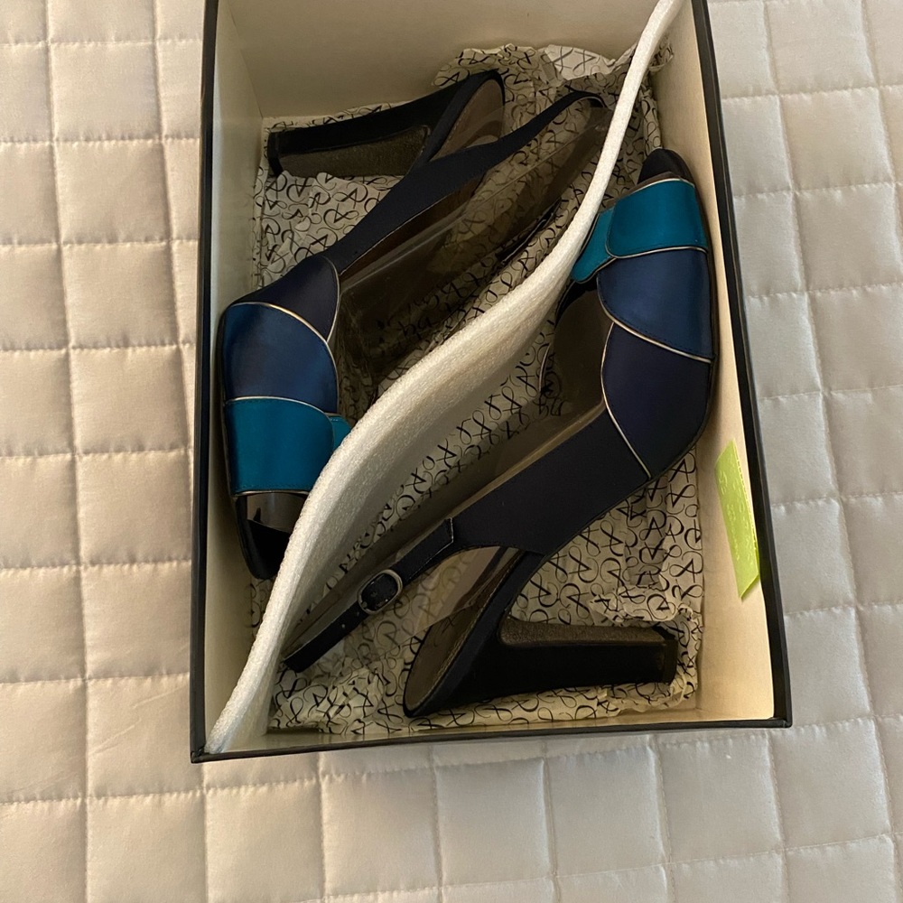 Turqoise/Navy/Royal Blue Satin 3.5 inch heels with silver piping